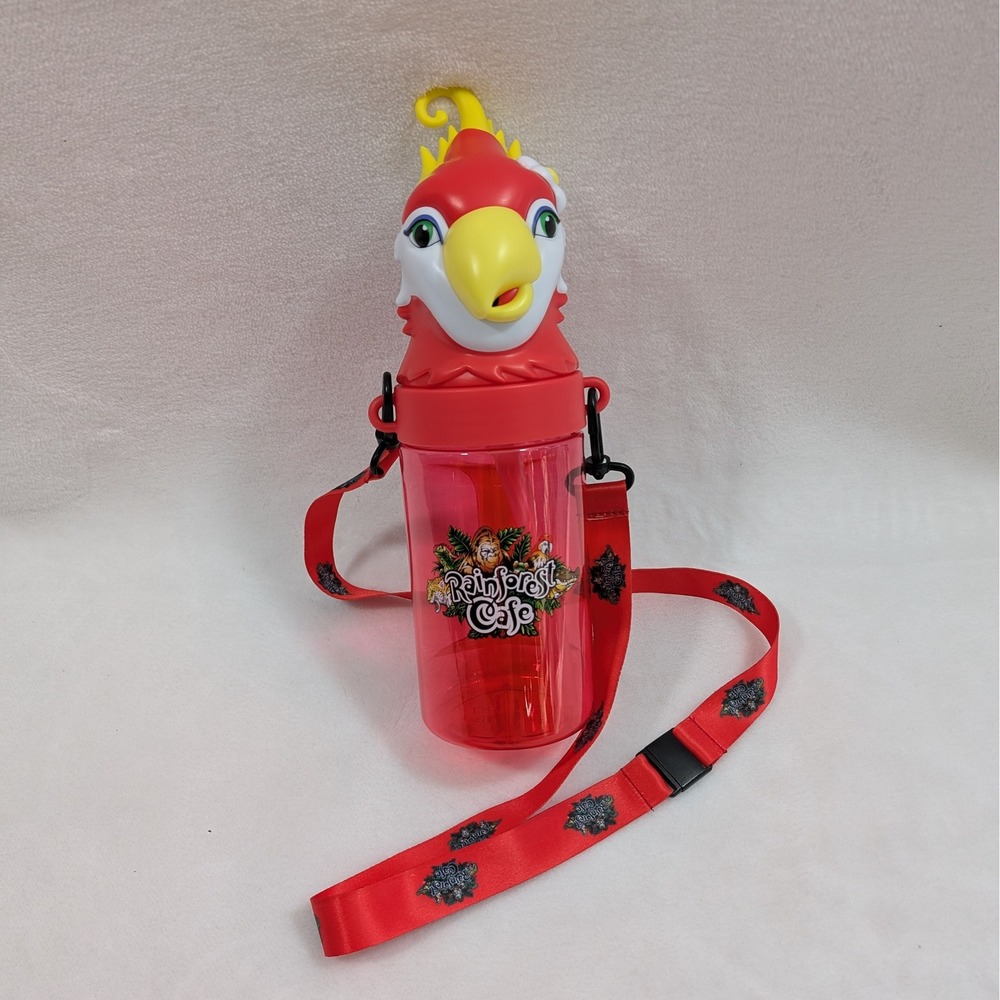 Rainforest Cafe Parrot Water Bottle‎ Red Rio 3D Head Sipper Lanyard Strap Kids